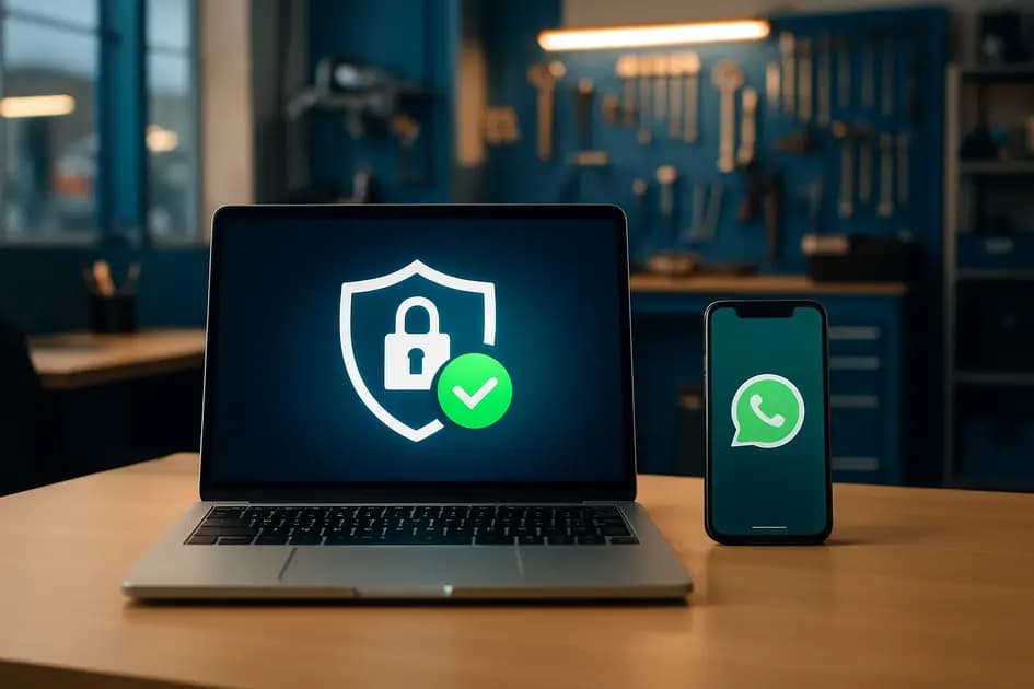 Laptop mit Datenschutz-Symbol neben Smartphone mit WhatsApp im Werkstattbüro