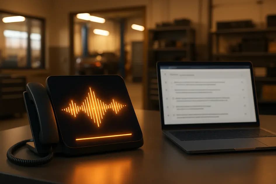 KI-Telefonassistent mit Sprachwellen-Visualisierung im Werkstattbüro