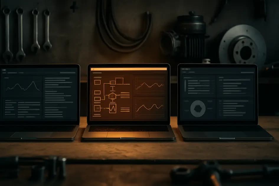 Drei Laptops mit verschiedenen Werkstatt-Software-Oberflächen im Vergleich