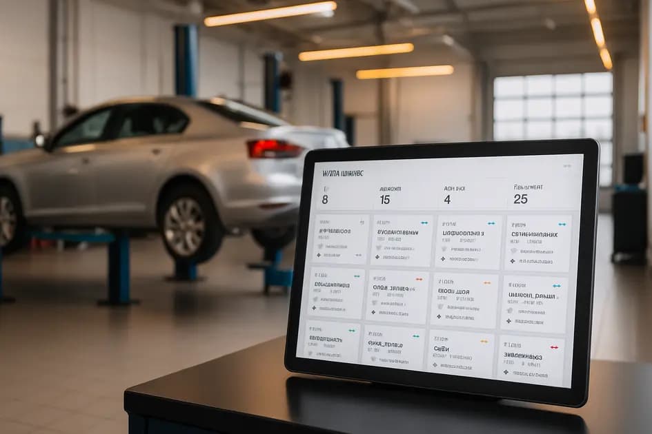 Moderne digitale Werkstatt mit Tablet-Dashboard und Fahrzeug auf der Hebebühne