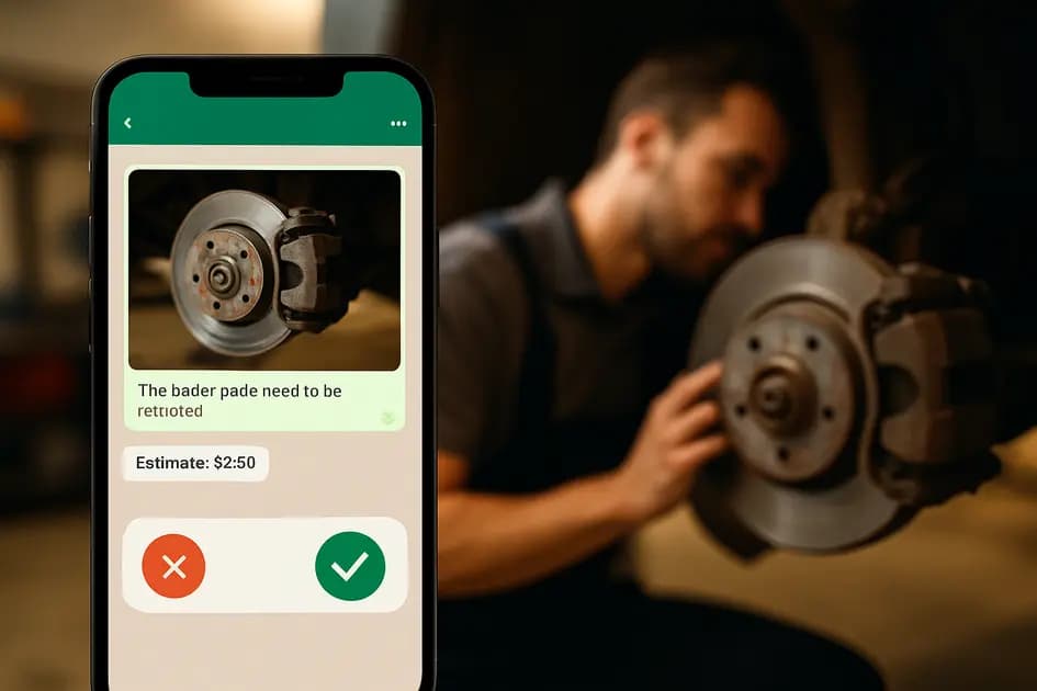 Smartphone mit WhatsApp-Freigabe-Chat vor Werkstatt-Hintergrund